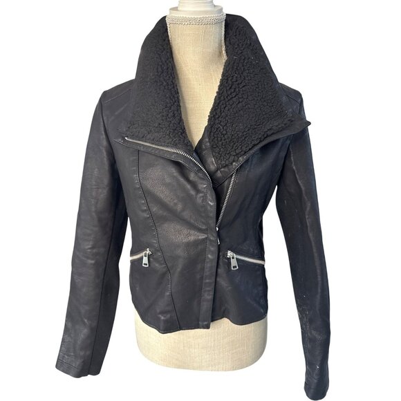 Baccini Womens Black Faux Leather Jacket W/ Faux Shearling Collar Zip Pockets M - Picture 1 of 14